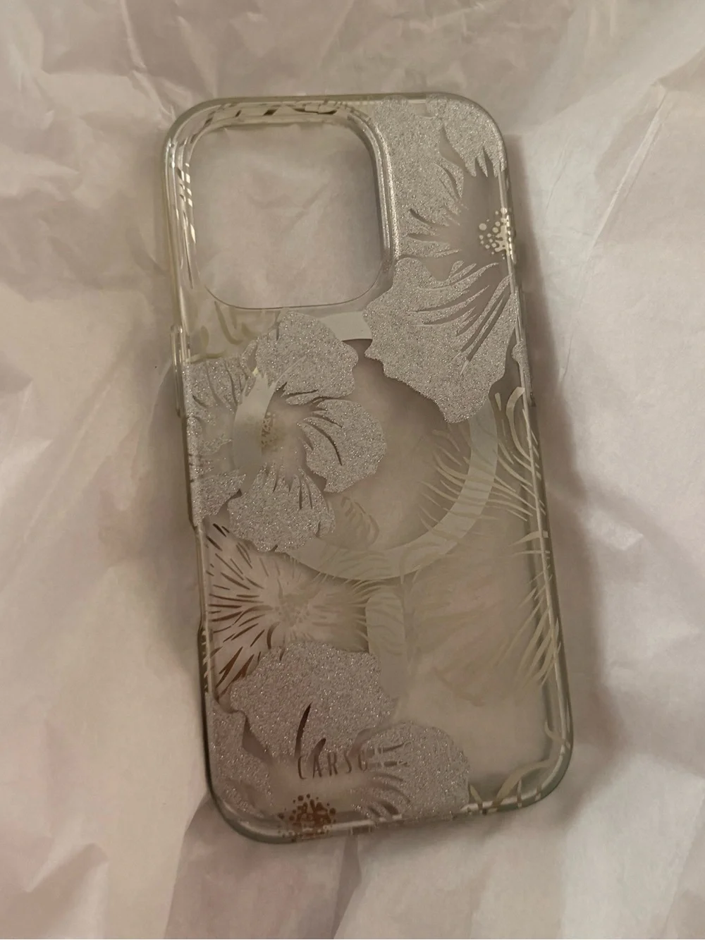 Carson & Quinn Clear Floral Glitter iPhone 16 pro Case - Silver Accent